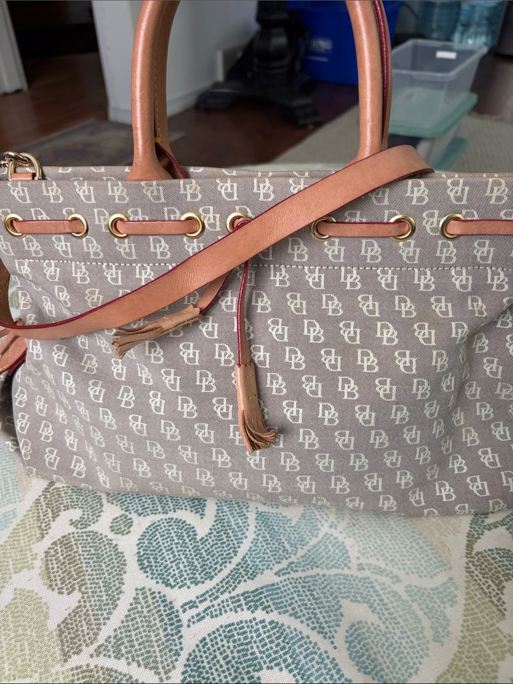Dooney & Bourke Taupe Logo-Print Drawstring Tote with Brown Leather Trim
